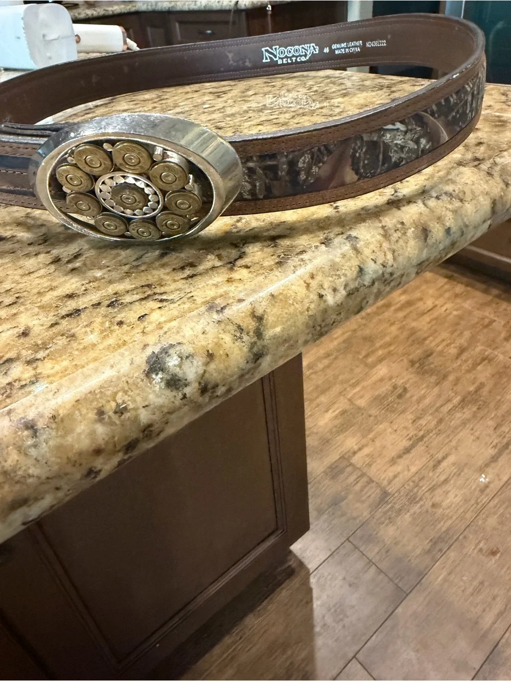 Nocona Belt Co Men’s Western Leather Belt Size 46 Brown Camo 12 Gauge Shell Buck